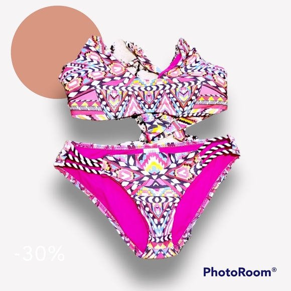 BECCA Swim Becca Hot Pink Geo Tribal Scoop Triangle Bikini Swimsuit